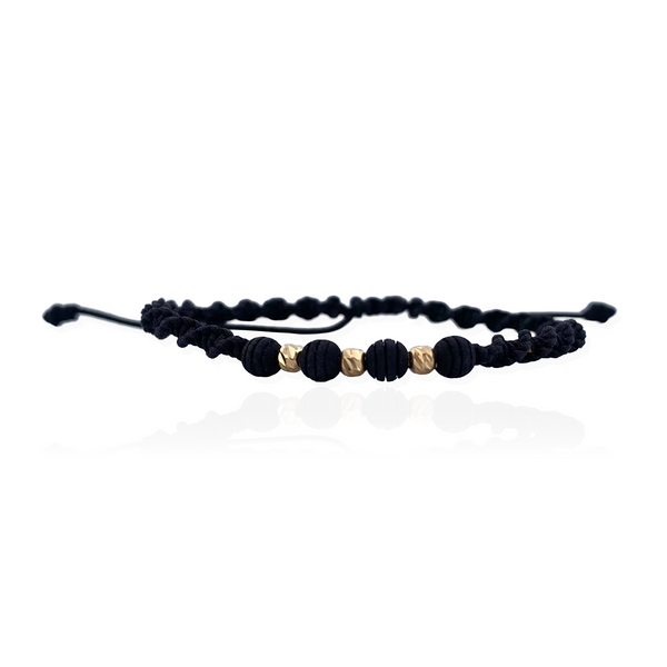 Pulsera Negra 3mm 3 Und Bolas Diamantadas Neoprenos Oro Amarillo 18K (A.C)