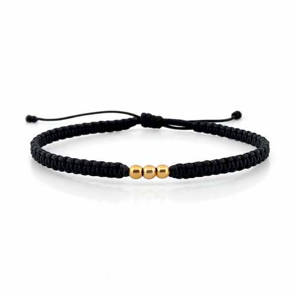 Pulsera Negra 3mm 3 Und Bolas Lisas Oro Amarillo 18K (A.C)
