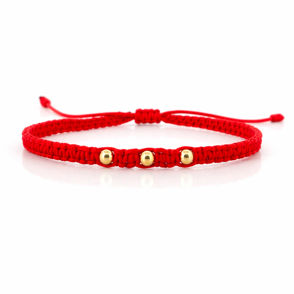 Pulsera Roja 4mm 3 Und Bolas Lisas Neoprenos Oro Amarillo 18K (A.C)